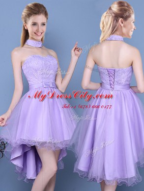 Stylish Lavender Sleeveless Lace and Bowknot High Low Bridesmaid Gown