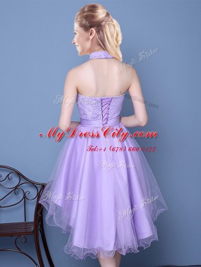 Stylish Lavender Sleeveless Lace and Bowknot High Low Bridesmaid Gown