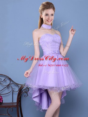 Stylish Lavender Sleeveless Lace and Bowknot High Low Bridesmaid Gown