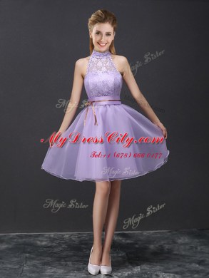 Halter Top Lavender A-line Lace and Belt Bridesmaid Gown Lace Up Organza Sleeveless Mini Length