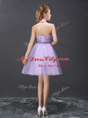 Halter Top Lavender A-line Lace and Belt Bridesmaid Gown Lace Up Organza Sleeveless Mini Length