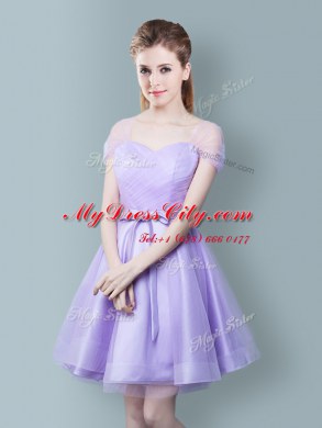 Cute Straps Lavender Empire Ruching and Bowknot Bridesmaids Dress Zipper Tulle Cap Sleeves Knee Length