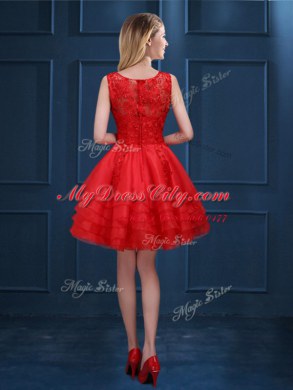 Glorious Red A-line Organza Scoop Sleeveless Lace and Ruffled Layers Mini Length Zipper Quinceanera Court Dresses