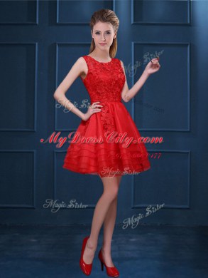 Glorious Red A-line Organza Scoop Sleeveless Lace and Ruffled Layers Mini Length Zipper Quinceanera Court Dresses