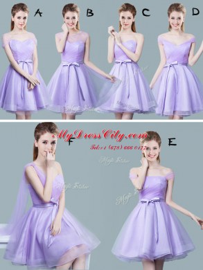 Off the Shoulder Sleeveless Knee Length Ruching and Bowknot Zipper Bridesmaids Dress with Lavender