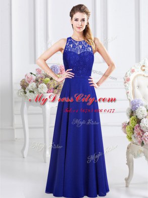 Luxury Scoop Sleeveless Chiffon Floor Length Backless Bridesmaids Dress in Royal Blue with Lace