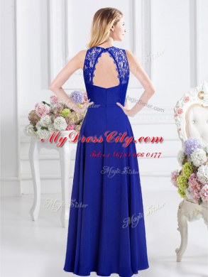 Luxury Scoop Sleeveless Chiffon Floor Length Backless Bridesmaids Dress in Royal Blue with Lace