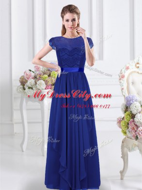 Fantastic Scoop Short Sleeves Floor Length Lace and Belt Zipper Bridesmaid Gown with Royal Blue