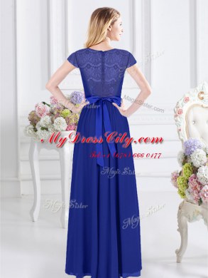 Fantastic Scoop Short Sleeves Floor Length Lace and Belt Zipper Bridesmaid Gown with Royal Blue