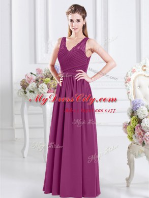 Fabulous Fuchsia Empire Chiffon V-neck Sleeveless Lace and Ruching Floor Length Side Zipper Vestidos de Damas