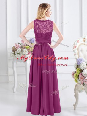 Fabulous Fuchsia Empire Chiffon V-neck Sleeveless Lace and Ruching Floor Length Side Zipper Vestidos de Damas