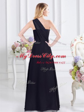 One Shoulder Floor Length Empire Sleeveless Navy Blue Bridesmaids Dress Side Zipper