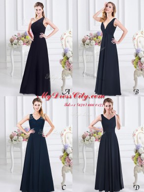 One Shoulder Floor Length Empire Sleeveless Navy Blue Bridesmaids Dress Side Zipper