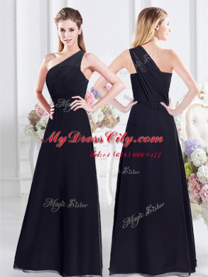 Navy Blue Empire Chiffon One Shoulder Sleeveless Ruching Floor Length Side Zipper Wedding Party Dress