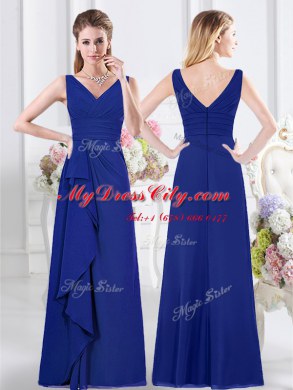 Free and Easy Chiffon V-neck Sleeveless Zipper Lace and Ruffles and Ruching Wedding Party Dress in Royal Blue