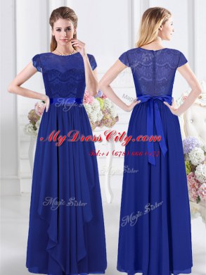 Free and Easy Chiffon V-neck Sleeveless Zipper Lace and Ruffles and Ruching Wedding Party Dress in Royal Blue