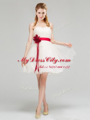 Sashes ribbons and Hand Made Flower Quinceanera Court of Honor Dress White Zipper Sleeveless Mini Length