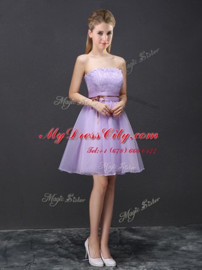 Lavender Strapless Lace Up Lace and Belt Wedding Guest Dresses Sleeveless