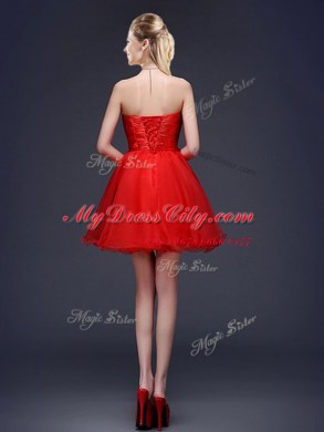 A-line Quinceanera Court Dresses Red Strapless Organza Sleeveless Mini Length Lace Up