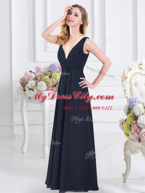 Edgy Sleeveless Floor Length Ruching Backless Bridesmaid Gown with Navy Blue