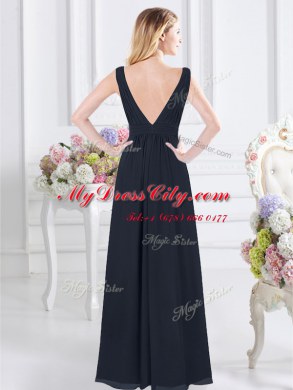 Edgy Sleeveless Floor Length Ruching Backless Bridesmaid Gown with Navy Blue