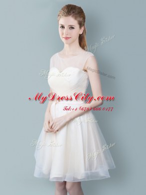 Luxurious Straps Cap Sleeves Tulle Knee Length Zipper Quinceanera Dama Dress in Champagne with Ruching and Bowknot