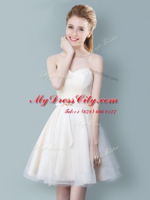 Luxurious Straps Cap Sleeves Tulle Knee Length Zipper Quinceanera Dama Dress in Champagne with Ruching and Bowknot