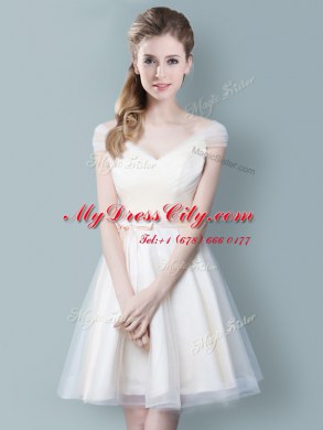 Luxurious Straps Cap Sleeves Tulle Knee Length Zipper Quinceanera Dama Dress in Champagne with Ruching and Bowknot