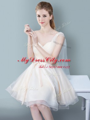 Luxurious Straps Cap Sleeves Tulle Knee Length Zipper Quinceanera Dama Dress in Champagne with Ruching and Bowknot