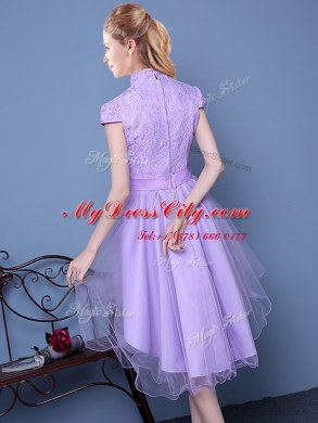 Lace and Bowknot and Belt Dama Dress for Quinceanera Lavender Zipper Short Sleeves High Low