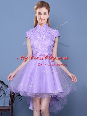 Lace and Bowknot and Belt Dama Dress for Quinceanera Lavender Zipper Short Sleeves High Low