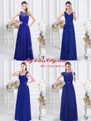 Classical Floor Length Royal Blue Bridesmaids Dress Chiffon Sleeveless Ruffles and Ruching