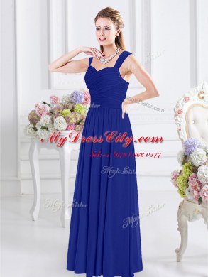 Best Straps Floor Length Zipper Dama Dress Royal Blue for Prom and Party and Wedding Party with Ruching