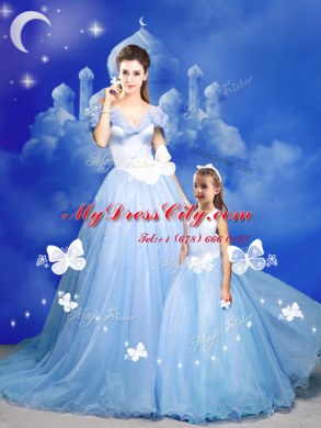 Off the Shoulder Light Blue Sleeveless Tulle Court Train Zipper Quinceanera Gown for Sweet 16 and Quinceanera