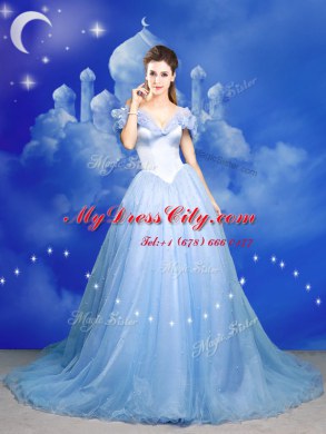 Off the Shoulder Light Blue Sleeveless Tulle Court Train Zipper Quinceanera Gown for Sweet 16 and Quinceanera