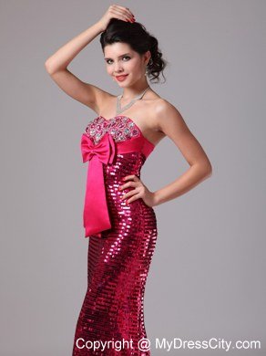 Paillette Over Hot Pink Bowknot Decorate 2013 Mermaid Celebrity Dress