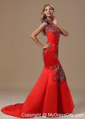 Mermaid and One Shoulder For 2013 Red Celebrity Dress With Embroidery