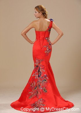 Mermaid and One Shoulder For 2013 Red Celebrity Dress With Embroidery