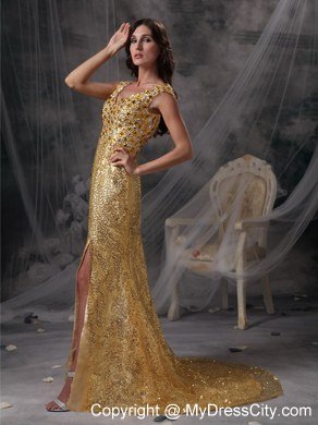 Discount V-neck Gold Celebrity Dress with Sequin Beading and Ruche