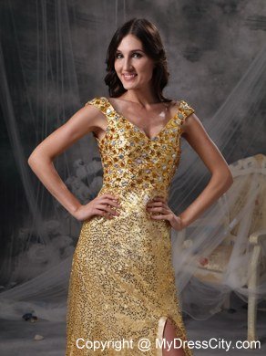 Discount V-neck Gold Celebrity Dress with Sequin Beading and Ruche