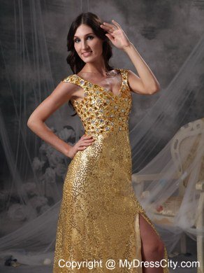 Discount V-neck Gold Celebrity Dress with Sequin Beading and Ruche