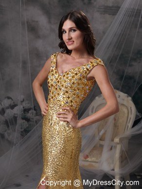 Discount V-neck Gold Celebrity Dress with Sequin Beading and Ruche