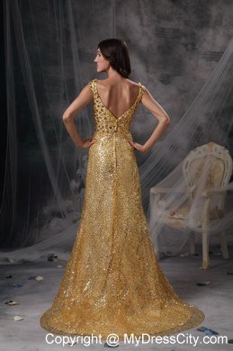 Discount V-neck Gold Celebrity Dress with Sequin Beading and Ruche