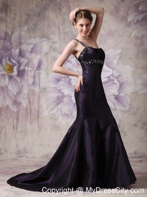 Modest Dark Purple Mermaid One Shoulder Celebrity Dress with Beading