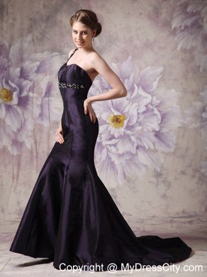 Modest Dark Purple Mermaid One Shoulder Celebrity Dress with Beading