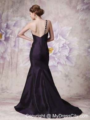 Modest Dark Purple Mermaid One Shoulder Celebrity Dress with Beading