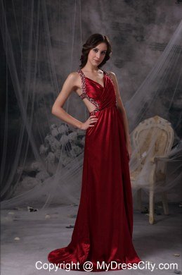 Wine Red Empire V-neck Celebrity Dress Beading and Ruch Decorate