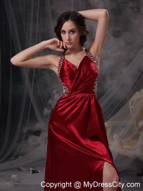 Wine Red Empire V-neck Celebrity Dress Beading and Ruch Decorate