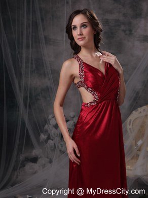 Wine Red Empire V-neck Celebrity Dress Beading and Ruch Decorate