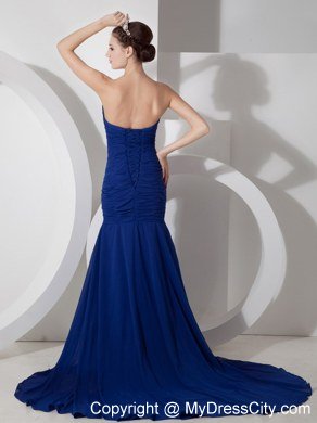 Peacock Blue Chiffon Celebrity Dress with Appliques and Ruche